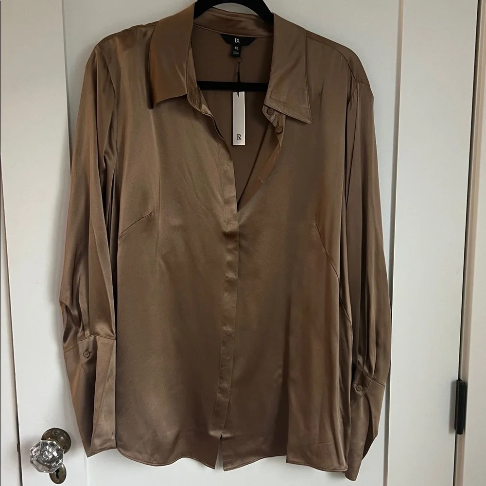 🕶️New Banana Republic- 100% Silk Stretch Blouse XL Brown Bronze - Picture 2 of 8